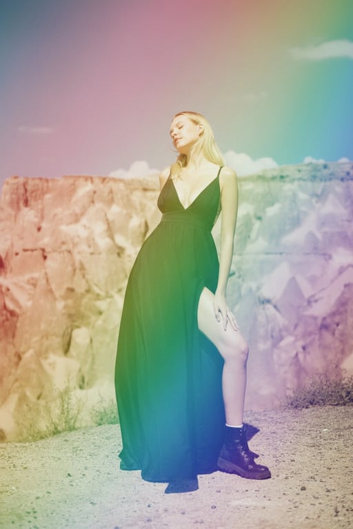 AI rainbow air filter after transformation - influencer photo with rainbow aura aesthetic