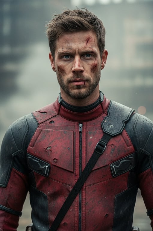 a portrait of a person as a battle-damaged Deadpool, with torn suit sections, dirt effects, and a more serious, weathered combat look