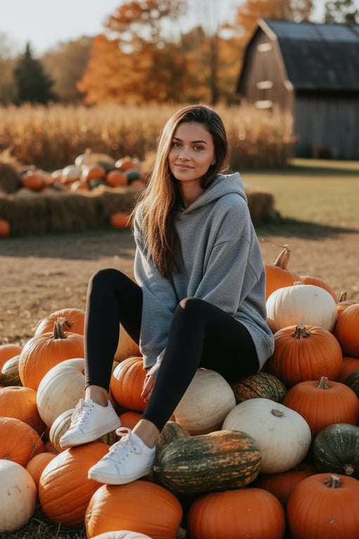 a portrait of a woman wearing a hooded sweatshirt and leggings, sitting on a pile of pumpkins at a farm