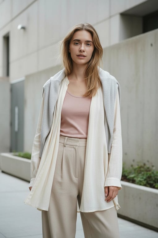 a portrait of a person styled in a Korean daily outfit look, soft neutral and pastel tones, light layering clothing, relaxed silhouette, natural facial expression, casual upright posture, even soft lighting, and a clean urban-style background