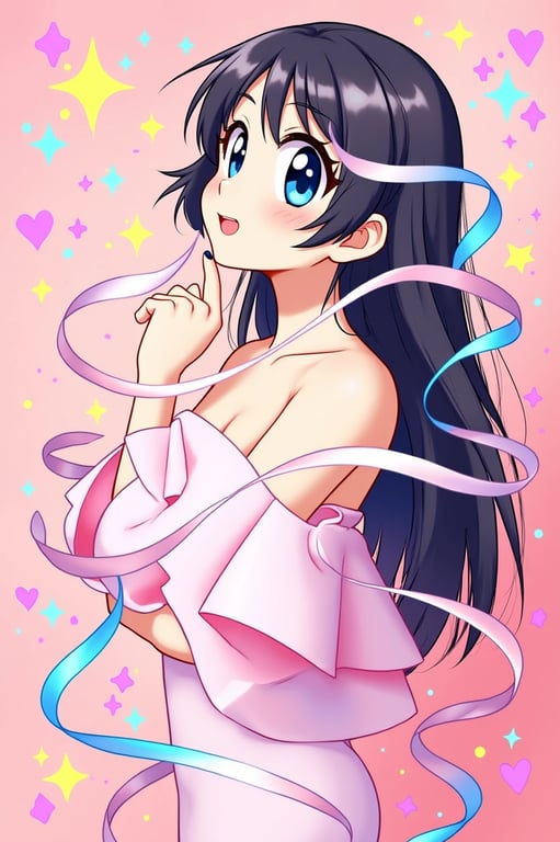 a portrait of a woman with a magical girl kawaii filter, adding transformation sequins, ribbons, and sparkling magical aura