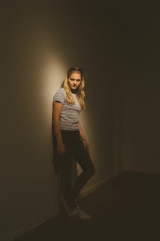 a portrait of a woman in a dimly lit room with pronounced high-ISO film grain, creating a raw and textured photographic feel
