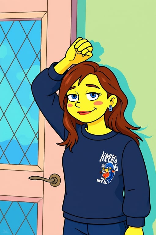 a portrait of a person transformed into a SpongeBob SquarePants cartoon style, using thick rounded dark outlines, flat bright pastel colors dominated by sponge yellow and ocean blue, simplified facial features, cheerful exaggerated expression, minimal shading, and a clear 2D Nickelodeon animation look.