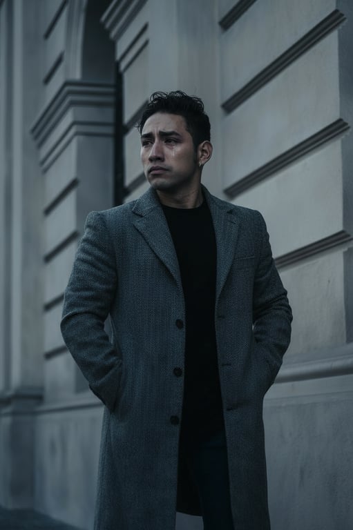 a portrait of a man, emotional sad edit, watery eyes, downturned mouth, cool desaturated color grade, dramatic shadows.