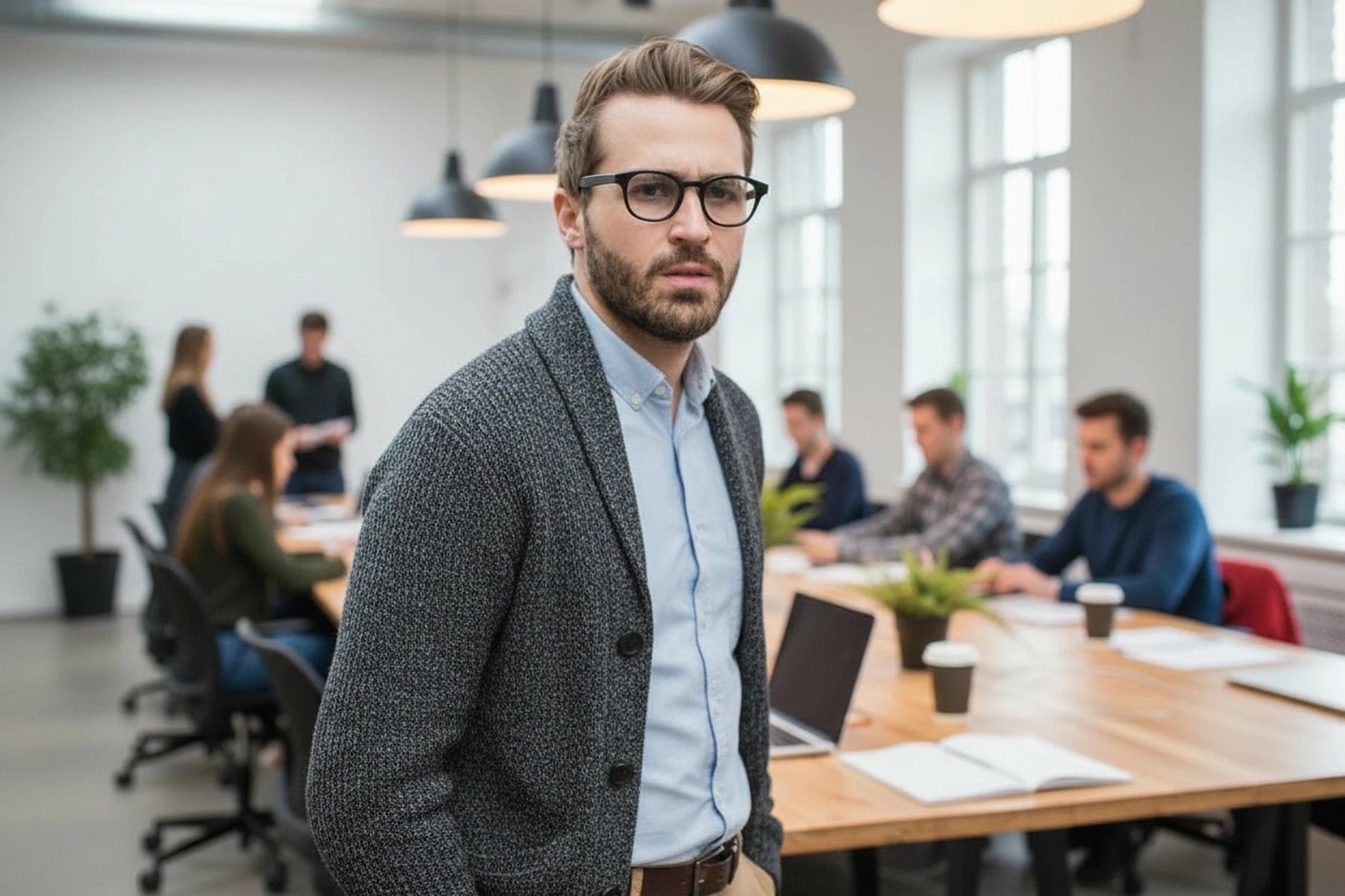 business casual outfits filter after transformation - portrait in neat cardigan and chinos business casual outfit in shared workspace