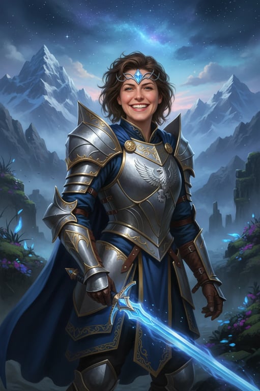 a portrait of a person wearing an elaborate fantasy warrior cosplay, with armor pieces, weapon prop, and mystical background ambiance