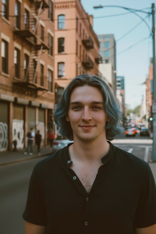 hair color filter after transformation - portrait with cool blue hair and urban vibe