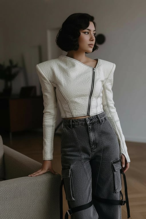 a portrait of a person styled with clean fashion aesthetics, simple yet polished outfit, relaxed posture, even lighting, and minimal background