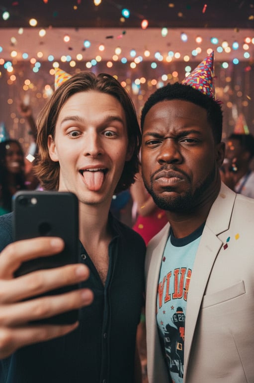A realistic AI-generated selfie of a man with a popular comedian, both making funny faces, consistent skin tones and lighting, smartphone in hand, party background.