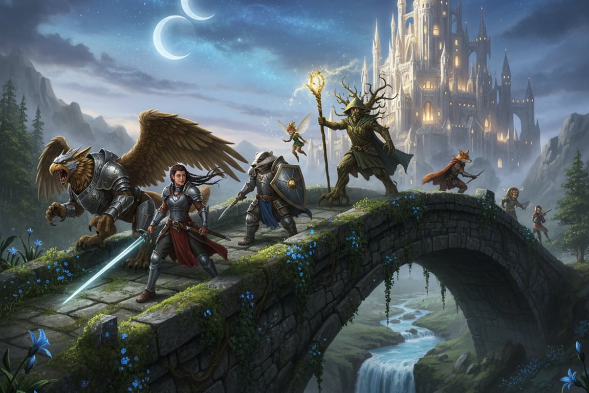A diverse group of adventurers (human, animal, mythical) on a grand quest, posed dynamically on a stone bridge leading to an ancient, glowing castle, in a lush fantasy world.