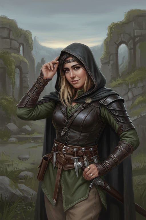 a fantasy character portrait rendered in a Dungeons & Dragons style, with clear class identity, realistic medieval-fantasy clothing, grounded anatomy, painterly textures, dramatic but believable lighting, and a neutral fantasy background suitable for a tabletop RPG character sheet