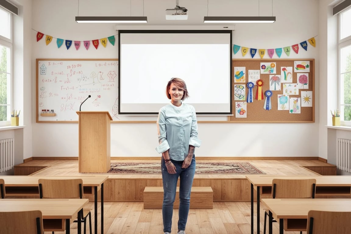 AI green screen remover after photo - woman isolated with classroom background