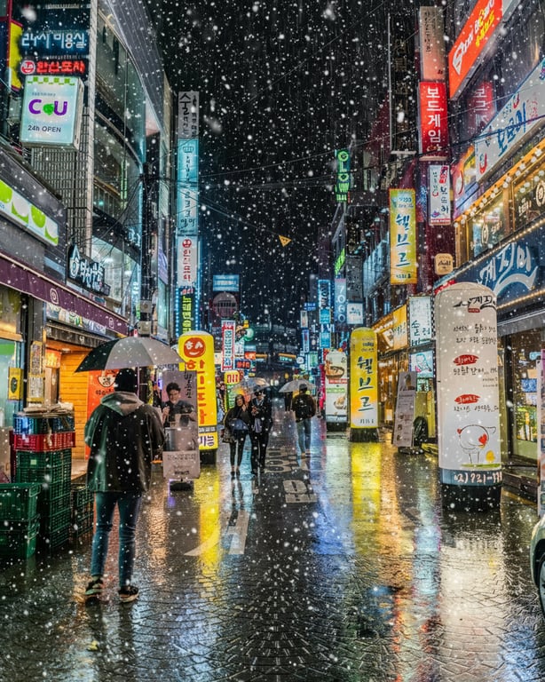 a winter transformation that adds snowfall adapted to an urban setting, with snow interacting with buildings, streets, and lights, including subtle accumulation on surfaces and realistic atmospheric depth