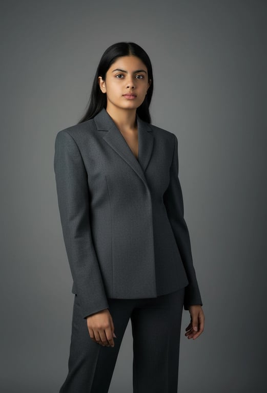 a portrait of a person wearing a minimalist structured jacket with straight pants, architectural tailoring, matte fabric, restrained styling, confident still pose, clean studio lighting