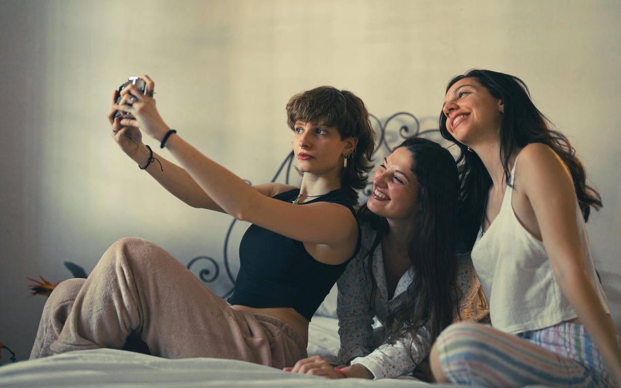 A group photo where each person has a unique, personality-matching emoji floating above their head (e.g., 🎸 for the musician, 📚 for the reader, 🏀 for the athlete).