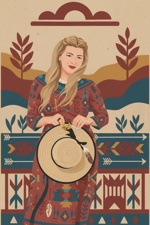 a portrait of a person illustrated in a traditional Native American symbolic art style with simplified facial structure, strong geometric shapes, earth-toned palette, flat color fills, minimal shading, and visual symbolism inspired by indigenous art traditions
