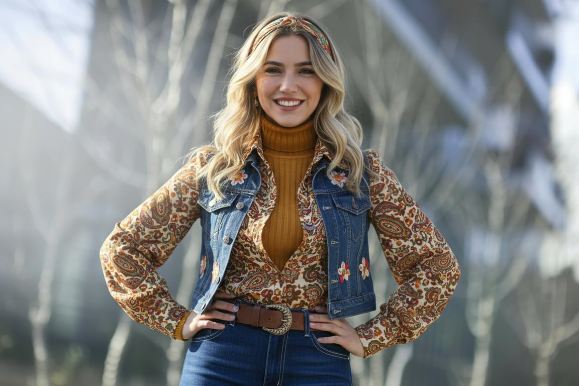 a portrait of a person styled with expressive 70s fashion elements, bold flared silhouettes, layered retro tops, visible fabric texture, confident posture, and clean lighting