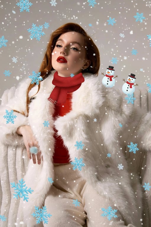 A seasonal portrait (e.g., winter) with thematic emoji filters: ❄️ falling as snowflakes, ⛄ in the background, and a 🧣 emoji wrapped around the subject's neck.