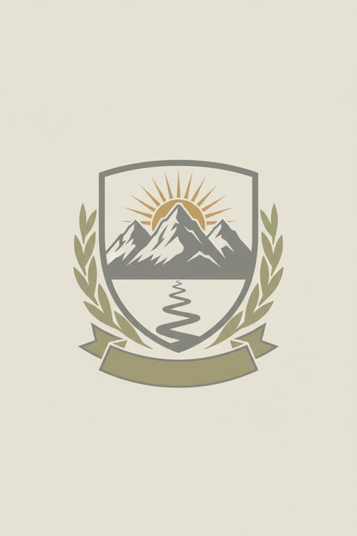 Generate a crest symbolizing adventure and shared stories, inspired by the adventurous spirit and natural, rugged colors (khaki, stone grey) of the family hiking photo. Incorporate mountain peaks and a winding path motif.