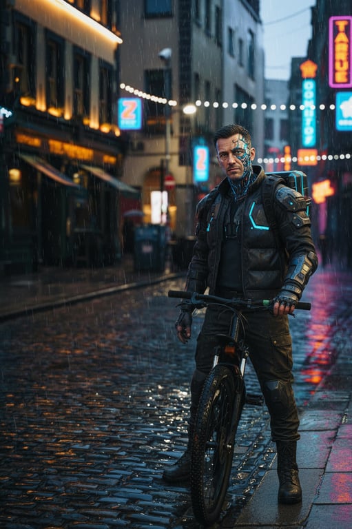 A sci-fi character portrait of a man with cybernetic implants on his face and neck, glowing blue circuitry, in a neon-lit rainy city alley, futuristic and gritty.