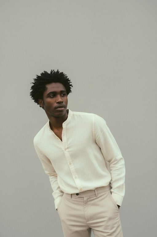 a portrait of a person styled with minimal aesthetic outfit elements, neutral color palette, simple fashionable clothing, composed posture, natural expression, soft even lighting, and uncluttered background