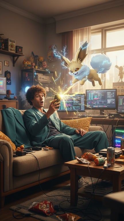 A playful electric-type pokemon, a fennec fox with static-cloud fur. It's playfully zapping a smartphone out of its laid-back male trainer's hand, sparks flying, in a messy, cozy apartment room filled with tech.