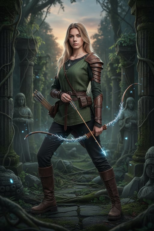 create a fantasy character that looks playable in a tabletop RPG, with clear equipment logic, realistic posture, and restrained magical elements