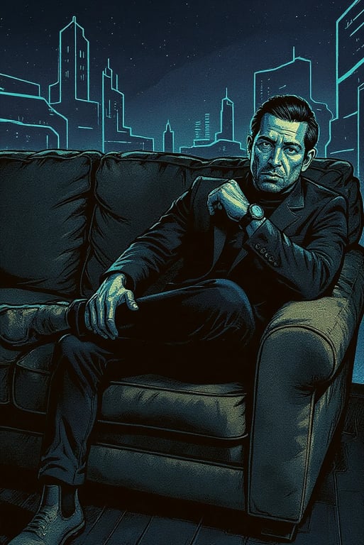 Comic Book Style filter after transformation - portrait in sci fi comic style with neon accents and tech city background