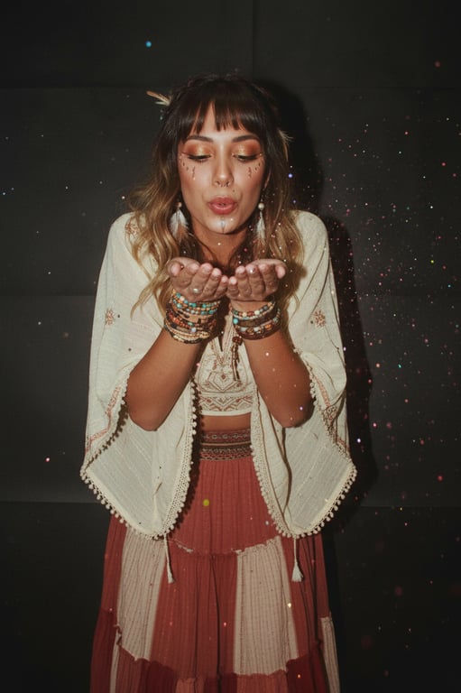 AI music festival outfits filter after transformation - casual portrait transformed into festival-ready look