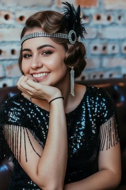 Fashion 20s Style filter after transformation - portrait in 1920s evening glam outfit