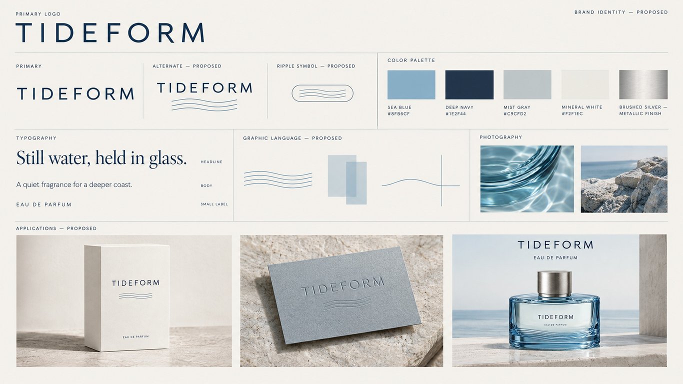 gallery item - 3 - Create a coastal-inspired brand kit for TIDEFORM with sea-blue tones and sculptural graphics.