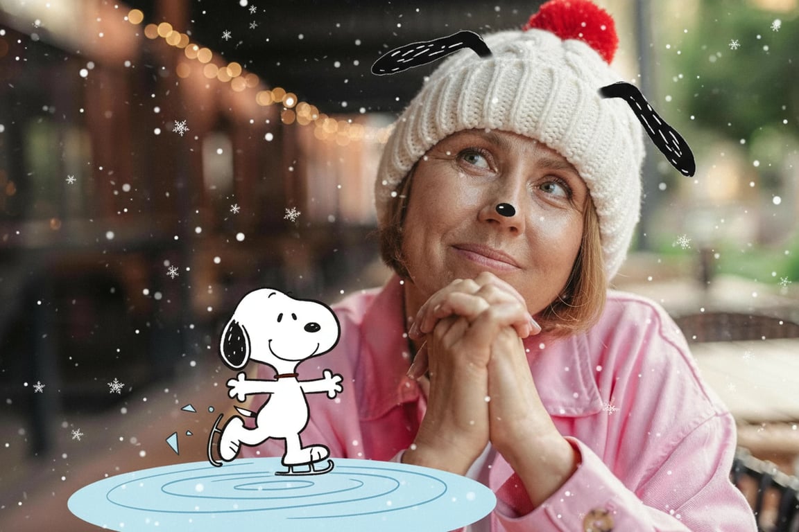 A festive winter selfie with a Snoopy filter, subject wearing a hat, with cartoon Snoopy ice skating in the foreground, falling snowflakes, heartwarming scene.