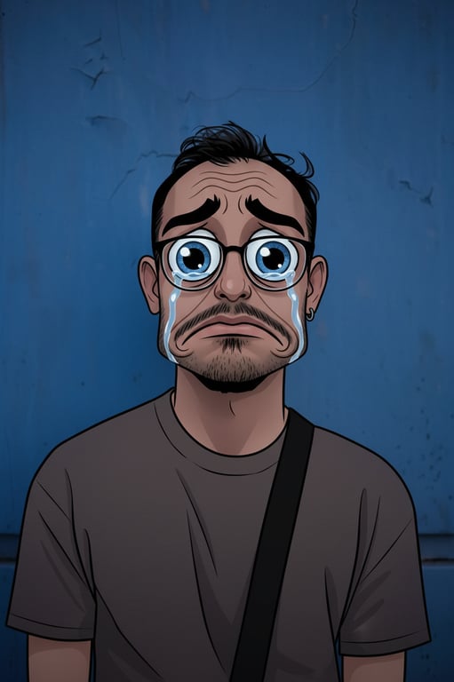 Generate an exaggerated sad facial expression with cartoon-like intensity, featuring oversized watery eyes, deeply drooping eyebrows, dramatically downturned mouth, and amplified facial proportions, creating a humorous and instantly readable “overwhelmed sad” look suitable for social media trends.