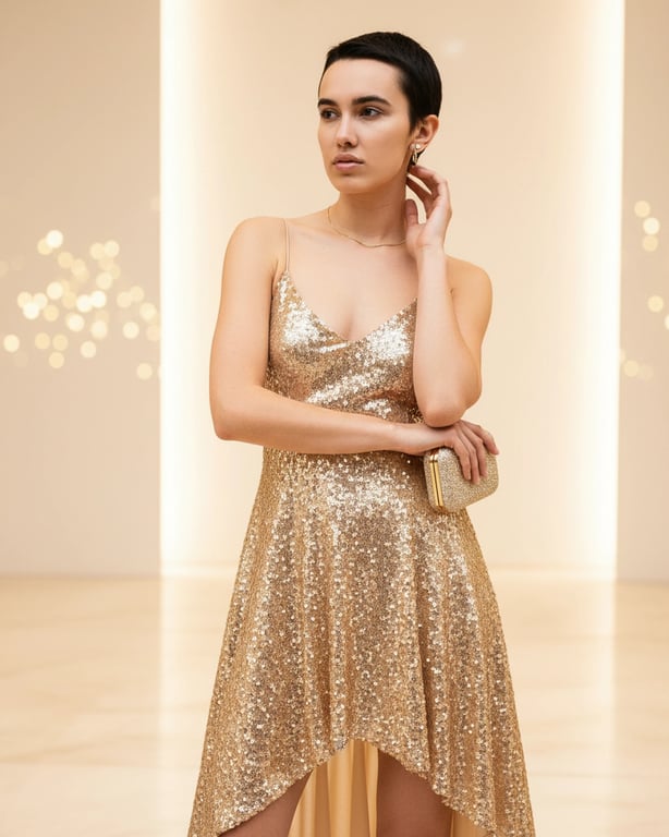 Gold Party Clothes filter after transformation - portrait styled as gold cocktail party look