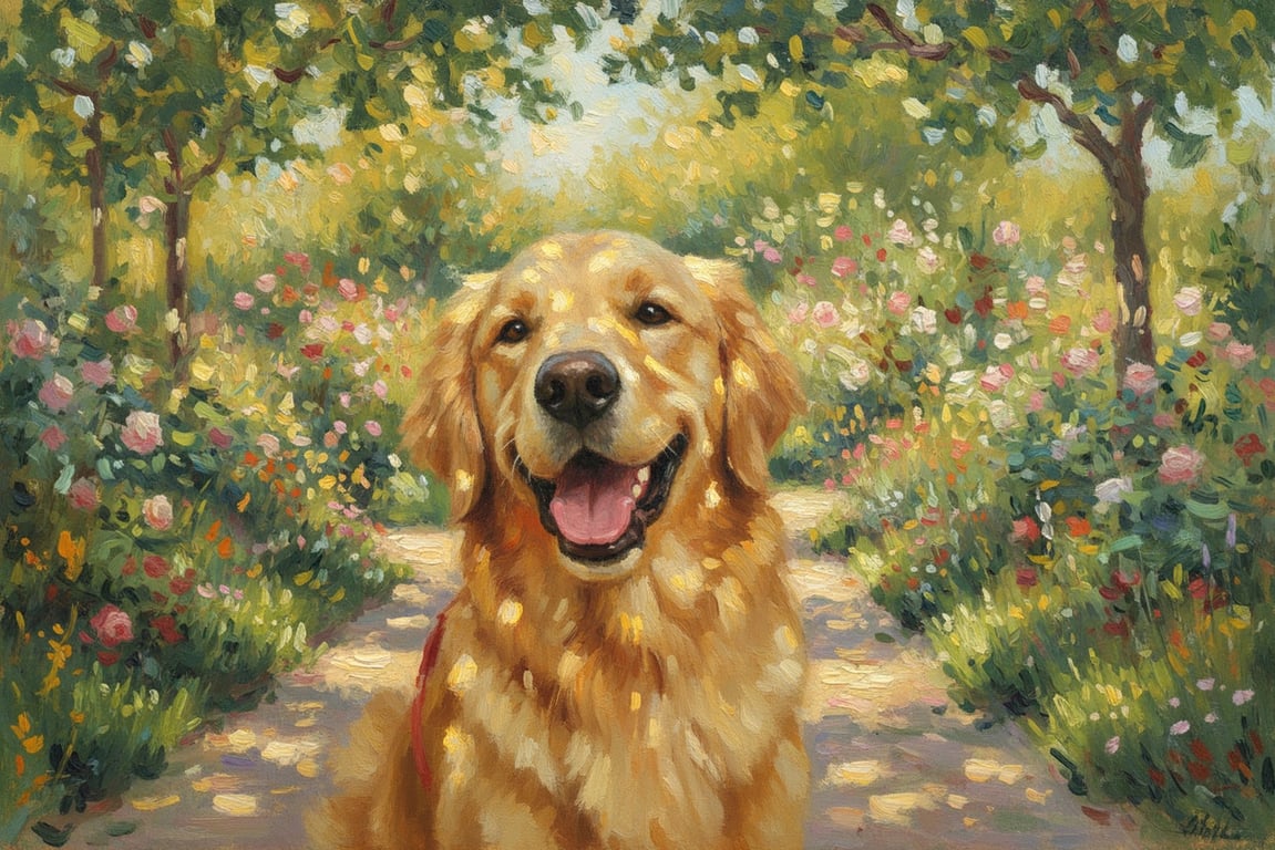 AI pet portrait generator free after pic - golden retriever turned into Impressionist garden painting inspired by Monet, warm and cheerful