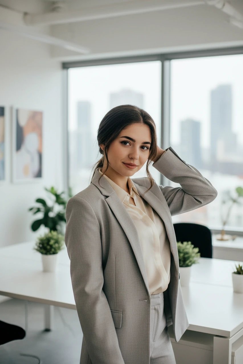 business casual outfits filter after transformation - portrait wearing polished business casual outfit in a bright office scene