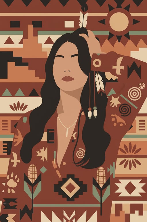 a portrait of a person adapted into a tribal-inspired indigenous art look with rhythmic shapes, decorative motifs, flat shading, and symbolic visual language