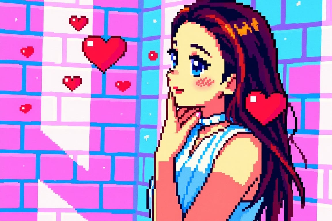 a portrait of a woman with a pixel kawaii filter, adding retro pixel art effects, 8-bit hearts, and vibrant game-inspired colors