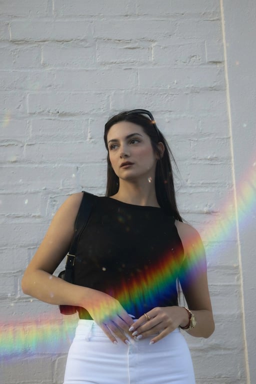 AI rainbow air filter after transformation - casual portrait with dreamy iridescent glow