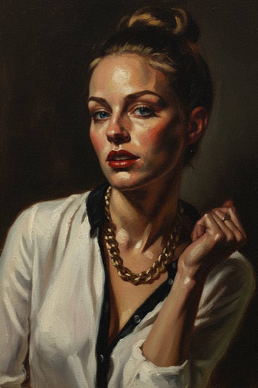 a portrait of a woman transformed into an oil painting, visible impasto brushstrokes on skin and fabric, rich depth of color, Rembrandt-style chiaroscuro lighting, canvas texture overlay.