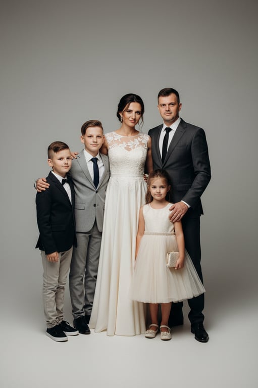 a portrait of a family transformed into a formal studio family portrait, all members wearing elegant coordinated formal outfits such as suits and dresses in neutral tones, posed upright in a clean studio environment with professional lighting, balanced composition, and confident, composed expressions