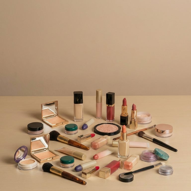 Place the product on a vanity table with a beautiful female model in a confident, relaxed pose. Capture a half-body shot with balanced proportions against a clean, light beige studio background. Use professional studio lighting with well-defined, natural-looking shadows to add depth while keeping the beauty product as the main focus.