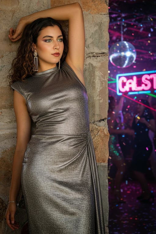 80s Party Outfits filter after transformation - portrait styled in metallic 80s glam party look