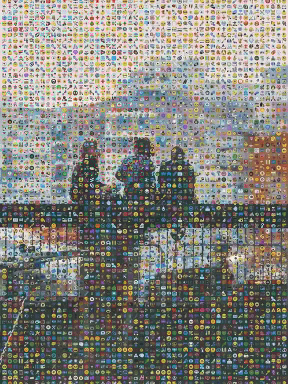 A portrait of a person transformed into emoji art, where thousands of tiny, colored emojis (like 🟡, 🔵, 🔴, ⚫) form the shapes and shades of the face and features.