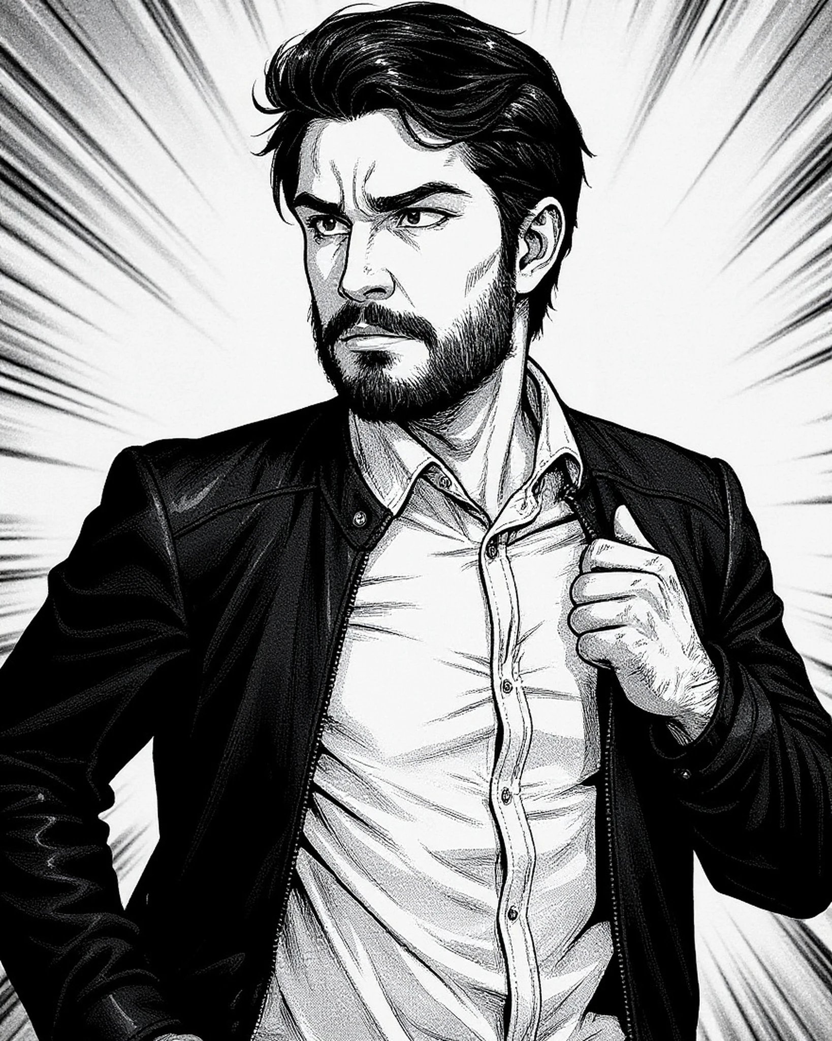 Manga art styles filter after transformation - portrait in bold shonen manga hero style with dynamic lines