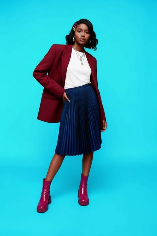 a portrait of a woman wearing a bold color-block sweater and pleated skirt, posing on a vibrant geometric patterned studio floor