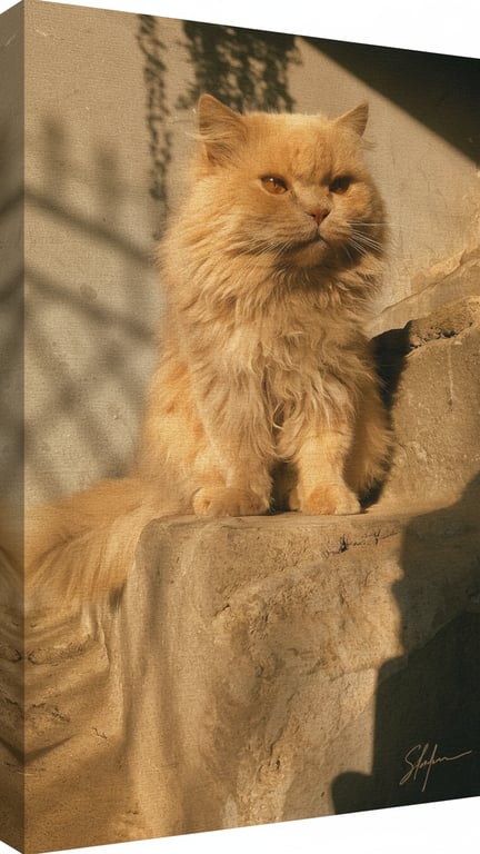 A pet portrait designed as a custom canvas print, with the canvas texture adding a painterly feel to the fur details, complete with a simulated artist's signature in the corner.