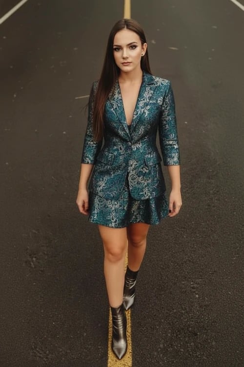 Holiday party outfit after image - person in a tailored festive blazer set with metallic thread