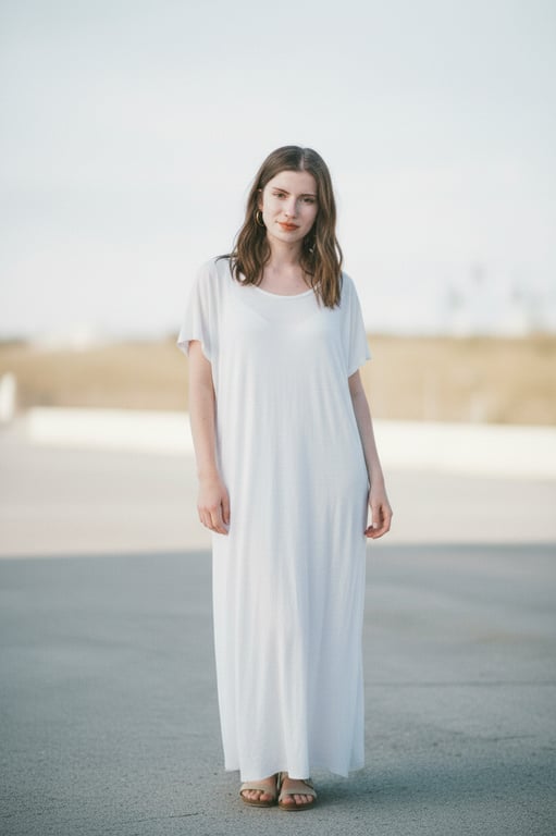 Extend the original portrait of the woman to a full-body image while preserving her identity, facial features, clothing style, and background. Naturally reconstruct the missing lower body with realistic human proportions, consistent posture, and seamless continuity in lighting, fabric texture, and body alignment so the result looks like the original photo was taken full-body.