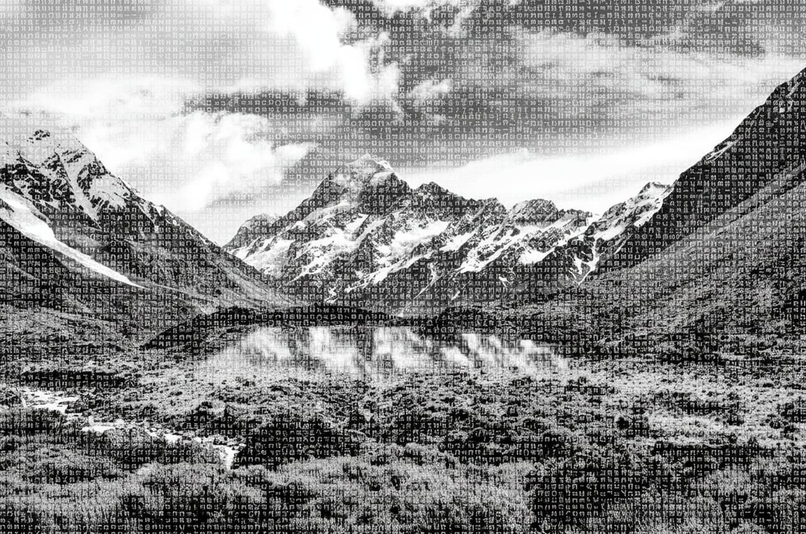 A mountain and lake landscape rendered in ASCII art, using varying character density (M, W, m, :, -, .) to represent sky, mountains, water, and reflections.